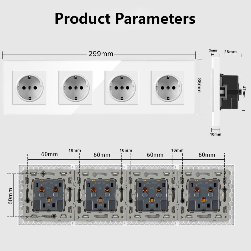 AnjieloSmart European standard 86-type integrated German-style glass panel 16A wall power socket, 299 four-way, Russia