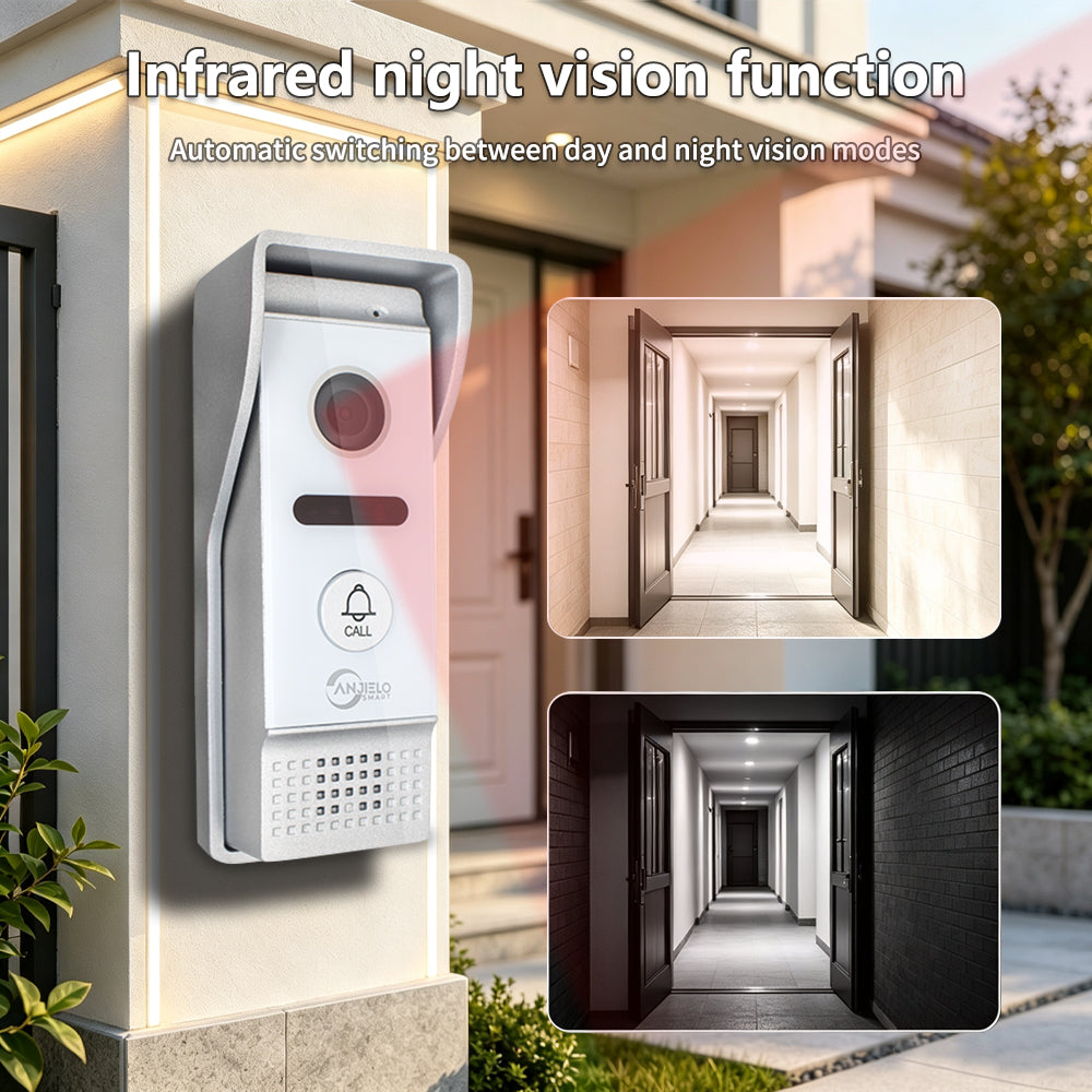 Anjielo 4 Wire Video Intercom System Two Way Audio Wired Video Door Phone Home Security for Villa and Apartment
