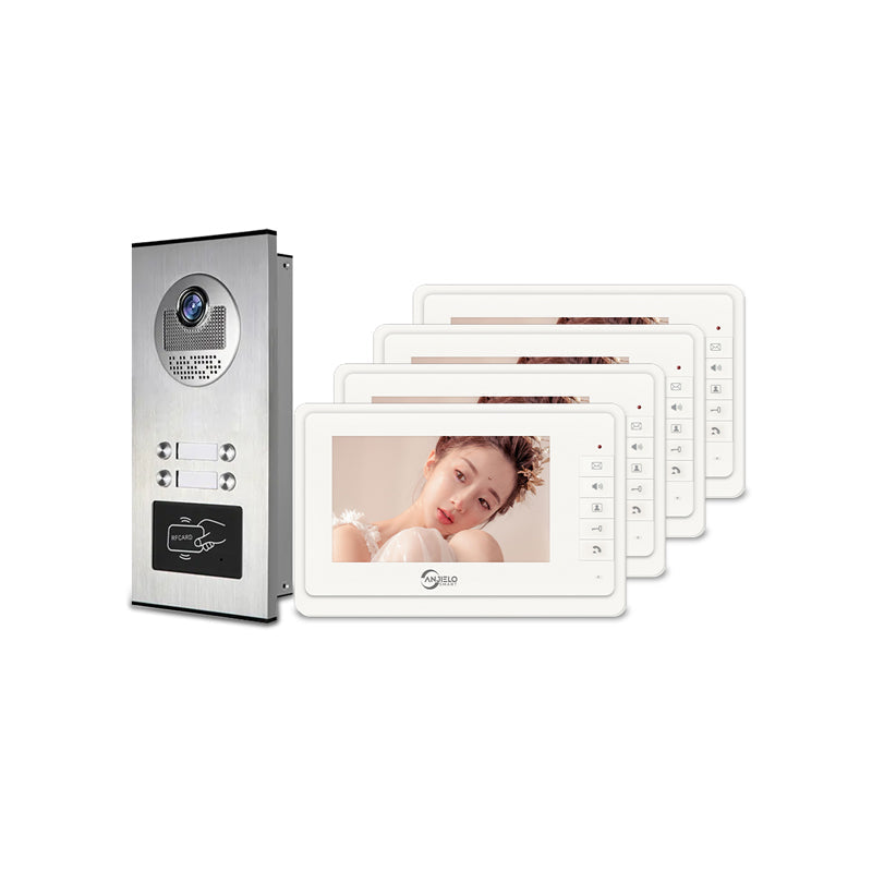 AnjieloSmart 4 Wired Video Intercom System for Apartment, 8 Units 7" Monitor, Indoor Outdoor Video Doorbell, ID Card Unlock, Two-Way Audio, 6 Screens for