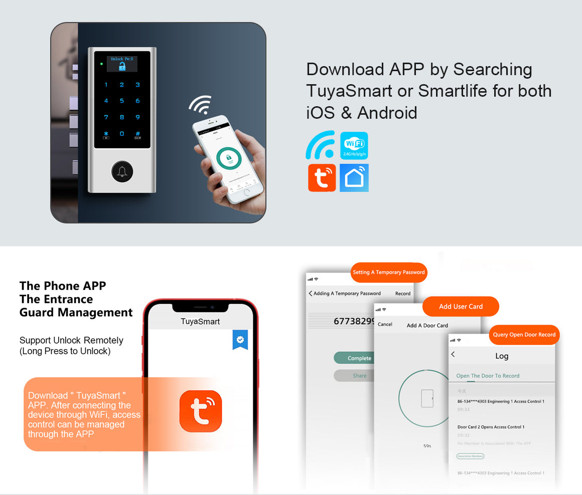 Anjielo Tuya WiFi Access Controller, IP66 Waterproof Metal Keypad, RFID Card + Password + Tuya APP Remote Unlock, Built-in Doorbell