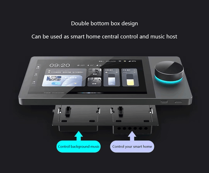 Anjielo 10-inch high-definition multi-functional central controller host with built-in knobs, wall-mounted and concealed installation structure, and remote app control capability.
