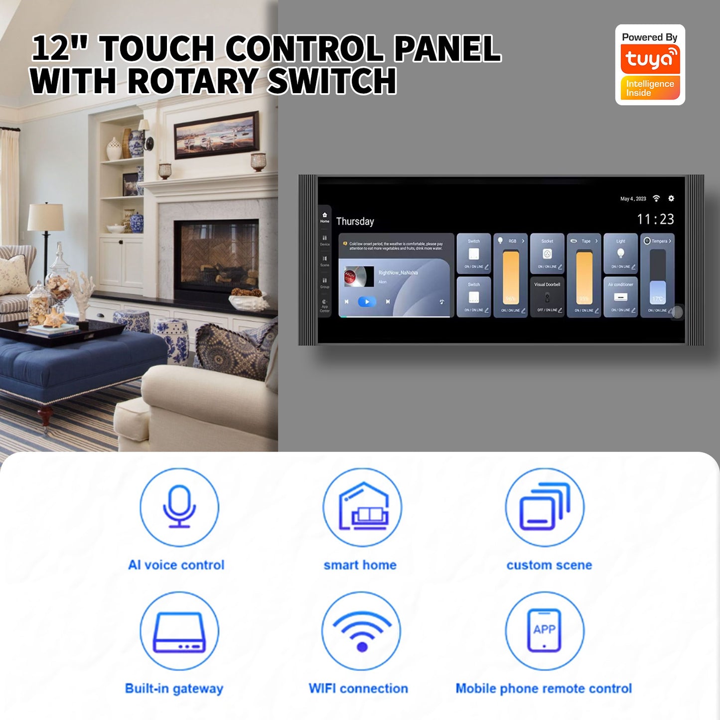 Anjielo 12-inch IPS display with a resolution of 1920*720, a smart home control screen for home scene linkage and remote automatic control by mobile phone.