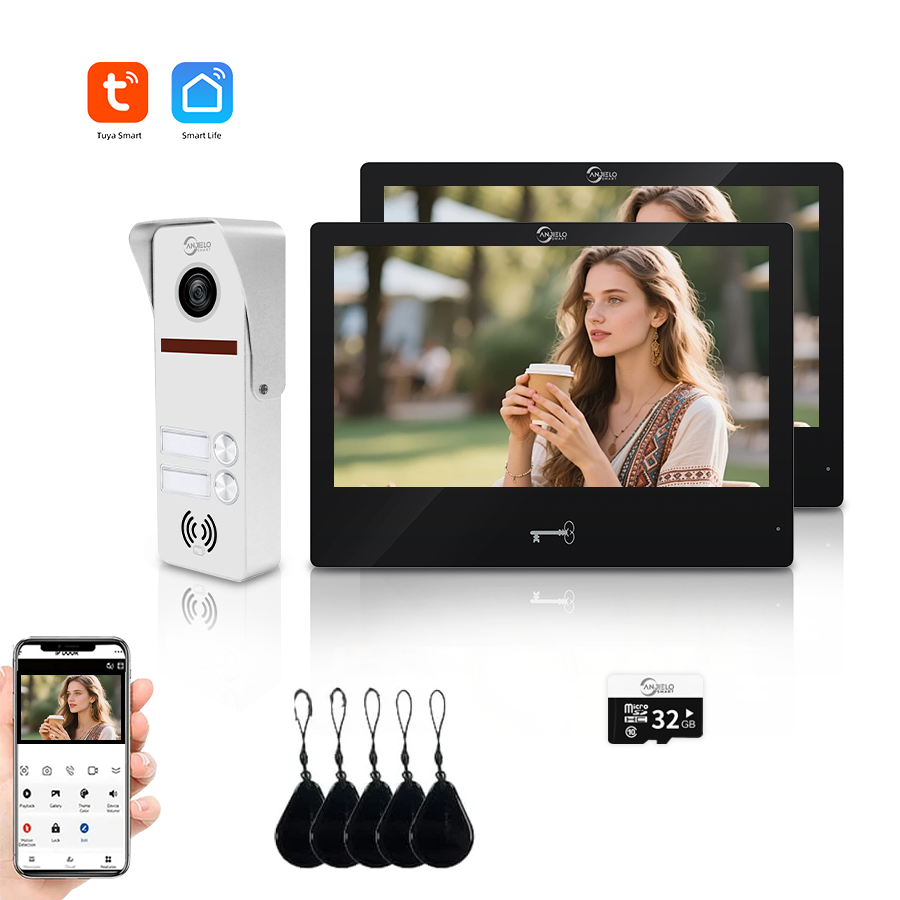 AnjieloSmart 4 Wired Tuya WiFi Anjielo Video Doorbell Intercom System - FHD 1080p Cameras with Touch Screen Monitors for Apartments