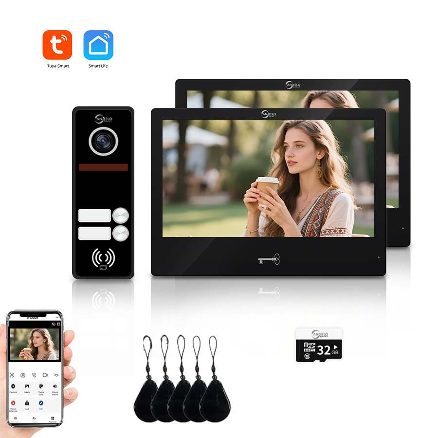 AnjieloSmart 4 Wired Tuya WiFi Anjielo Video Doorbell Intercom System - FHD 1080p Cameras with Touch Screen Monitors for Apartments