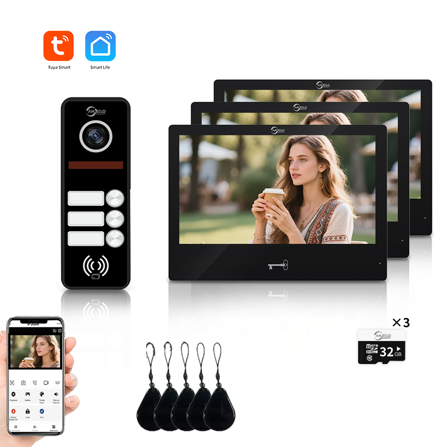 AnjieloSmart 4 Wired Tuya WiFi Anjielo Video Doorbell Intercom System - FHD 1080p Cameras with Touch Screen Monitors for Apartments