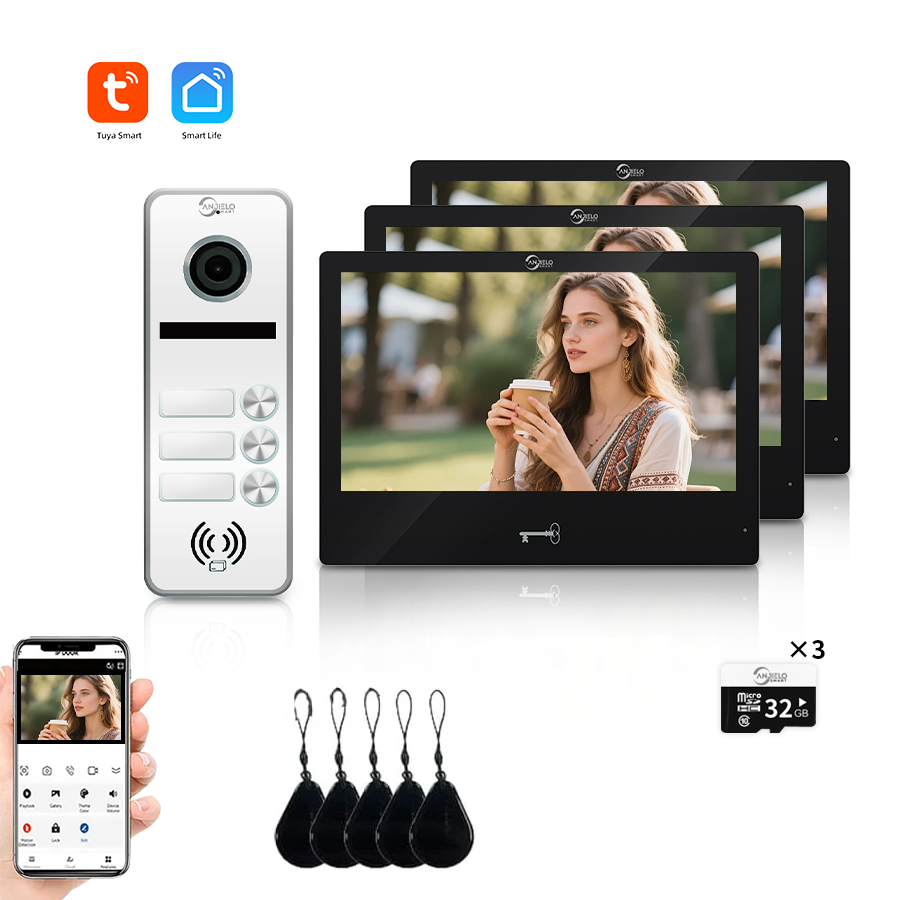 AnjieloSmart 4 Wired Tuya WiFi Anjielo Video Doorbell Intercom System - FHD 1080p Cameras with Touch Screen Monitors for Apartments