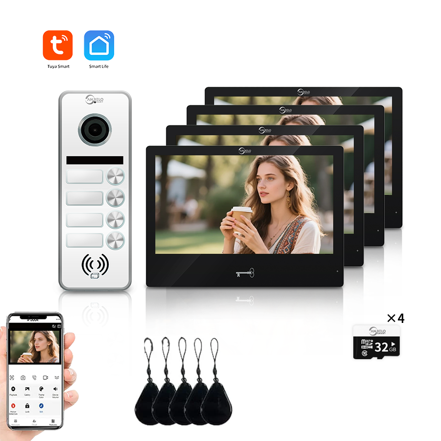 AnjieloSmart 4 Wired Tuya WiFi Anjielo Video Doorbell Intercom System - FHD 1080p Cameras with Touch Screen Monitors for Apartments