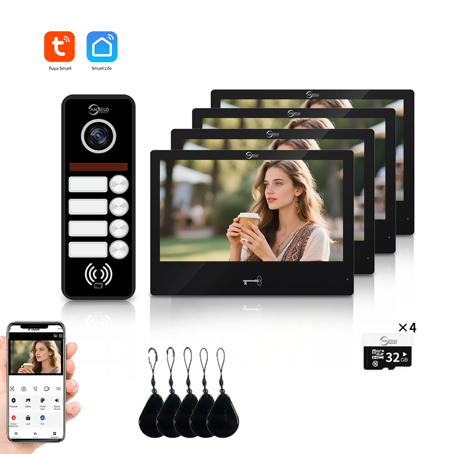 AnjieloSmart 4 Wired Tuya WiFi Anjielo Video Doorbell Intercom System - FHD 1080p Cameras with Touch Screen Monitors for Apartments