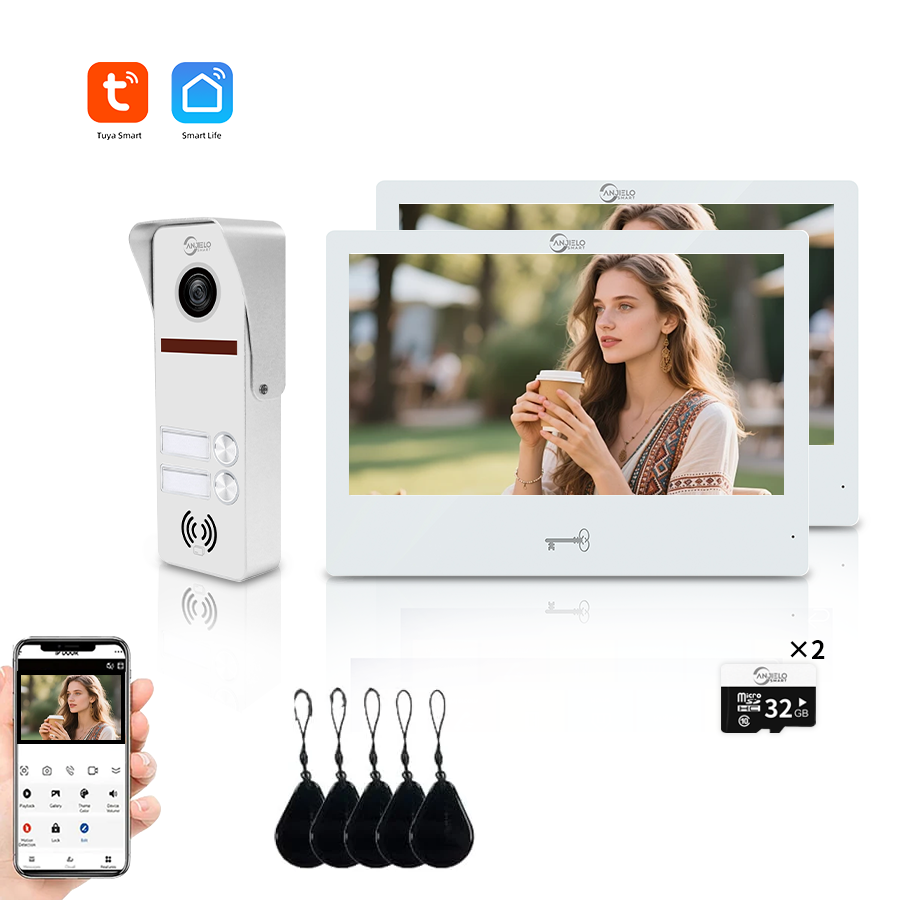 AnjieloSmart 4 Wired Tuya WiFi Anjielo Video Doorbell Intercom System - FHD 1080p Cameras with Touch Screen Monitors for Apartments