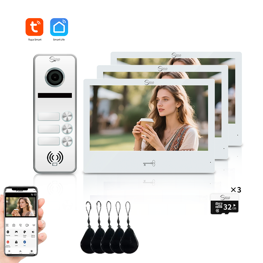 AnjieloSmart 4 Wired Tuya WiFi Anjielo Video Doorbell Intercom System - FHD 1080p Cameras with Touch Screen Monitors for Apartments
