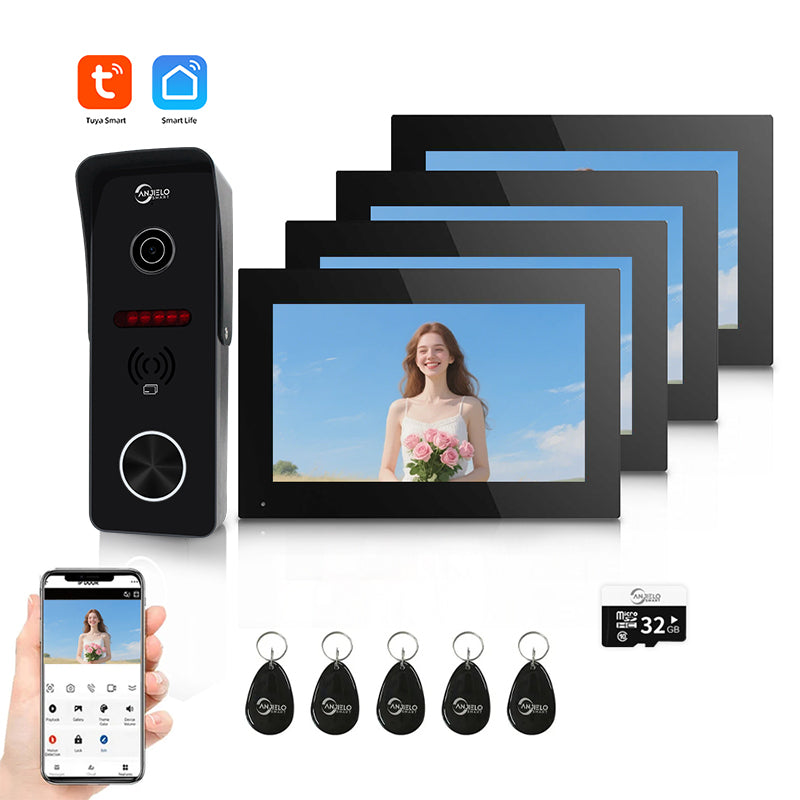 Anjielo Smart 4 Wired Video Doorbell Apartment Intercom 7 inch Touch Monitor 1080P Door Camera TUYA Smart Home Door Phone Kits 3 in 1 Unlock RFID Card for Home Villa,32G