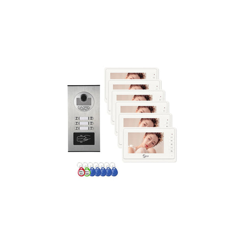 AnjieloSmart 4 Wired Video Intercom System for Apartment, 8 Units 7" Monitor, Indoor Outdoor Video Doorbell, ID Card Unlock, Two-Way Audio, 6 Screens for