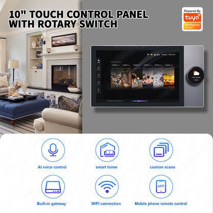 Anjielo 10-inch high-definition multi-functional central controller host with built-in knobs, wall-mounted and concealed installation structure, and remote app control capability.