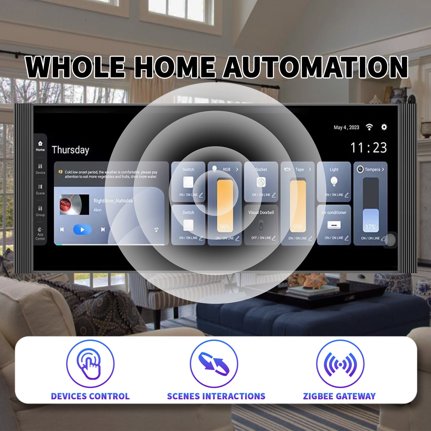Anjielo 12-inch IPS display with a resolution of 1920*720, a smart home control screen for home scene linkage and remote automatic control by mobile phone.