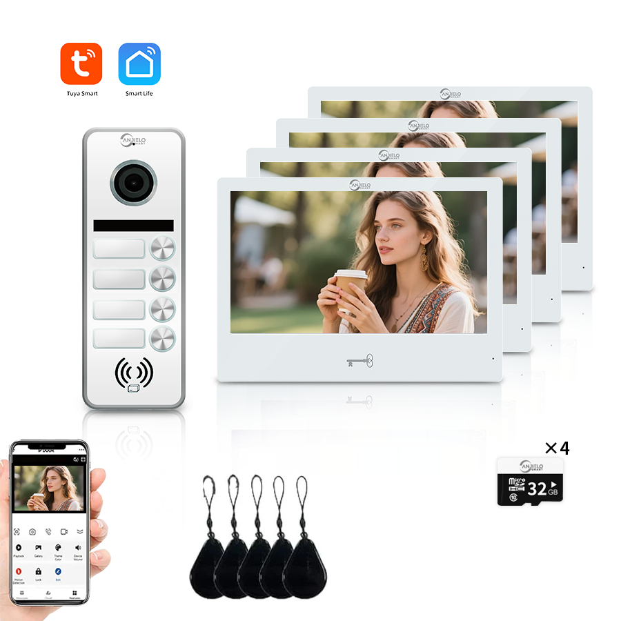 AnjieloSmart 4 Wired Tuya WiFi Anjielo Video Doorbell Intercom System - FHD 1080p Cameras with Touch Screen Monitors for Apartments