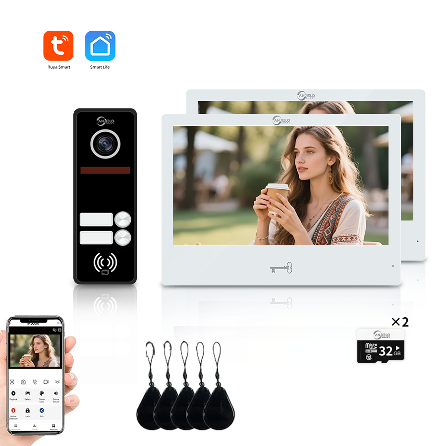 AnjieloSmart 4 Wired Tuya WiFi Anjielo Video Doorbell Intercom System - FHD 1080p Cameras with Touch Screen Monitors for Apartments