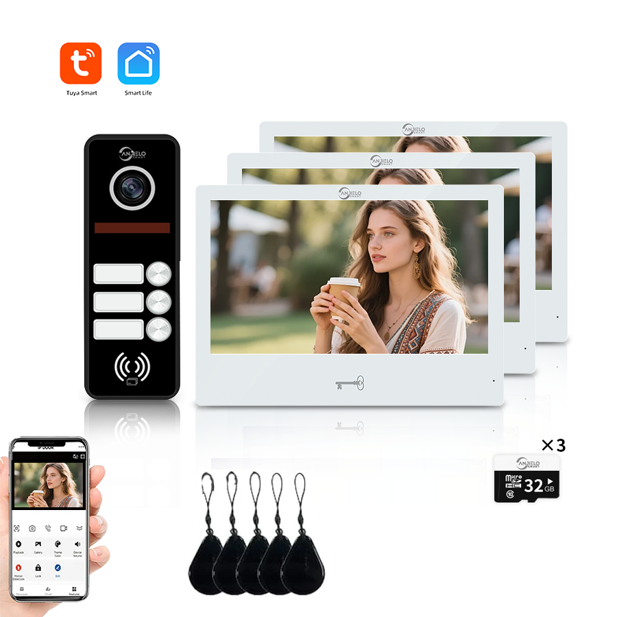 AnjieloSmart 4 Wired Tuya WiFi Anjielo Video Doorbell Intercom System - FHD 1080p Cameras with Touch Screen Monitors for Apartments