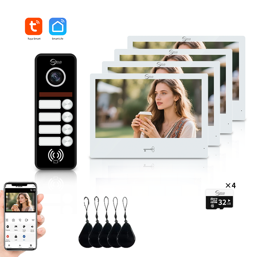 AnjieloSmart 4 Wired Tuya WiFi Anjielo Video Doorbell Intercom System - FHD 1080p Cameras with Touch Screen Monitors for Apartments