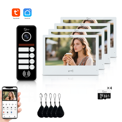 AnjieloSmart 4 Wired Tuya WiFi Anjielo Video Doorbell Intercom System - FHD 1080p Cameras with Touch Screen Monitors for Apartments