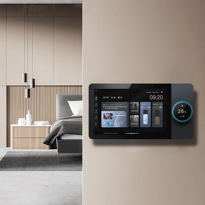 Anjielo 10-inch high-definition multi-functional central controller host with built-in knobs, wall-mounted and concealed installation structure, and remote app control capability.