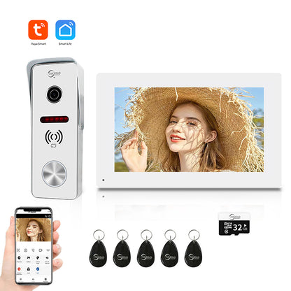 Anjielo Smart 4 Wired Video Doorbell Apartment Intercom 7 inch Touch Monitor 1080P Door Camera TUYA Smart Home Door Phone Kits 3 in 1 Unlock RFID Card for Home Villa,32G