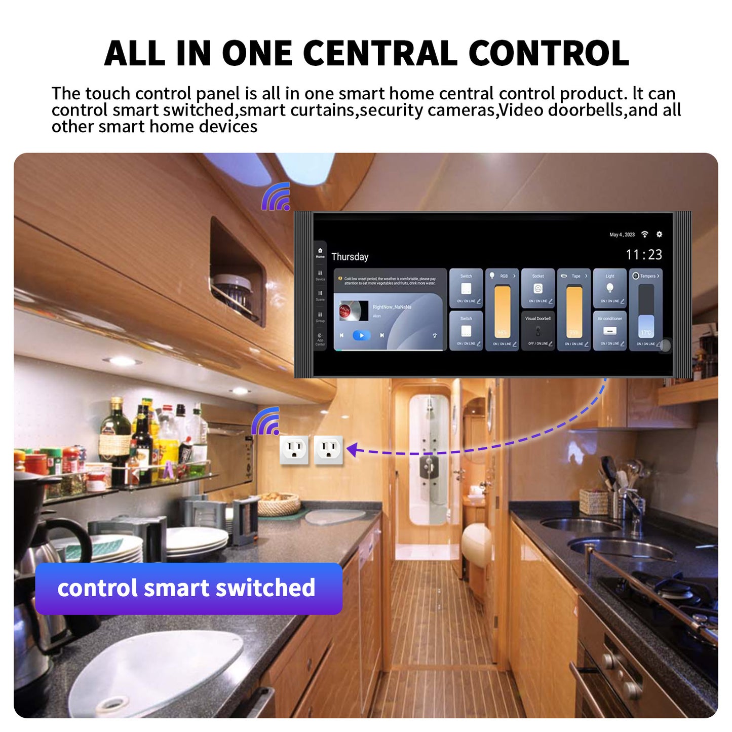 Anjielo 12-inch IPS display with a resolution of 1920*720, a smart home control screen for home scene linkage and remote automatic control by mobile phone.