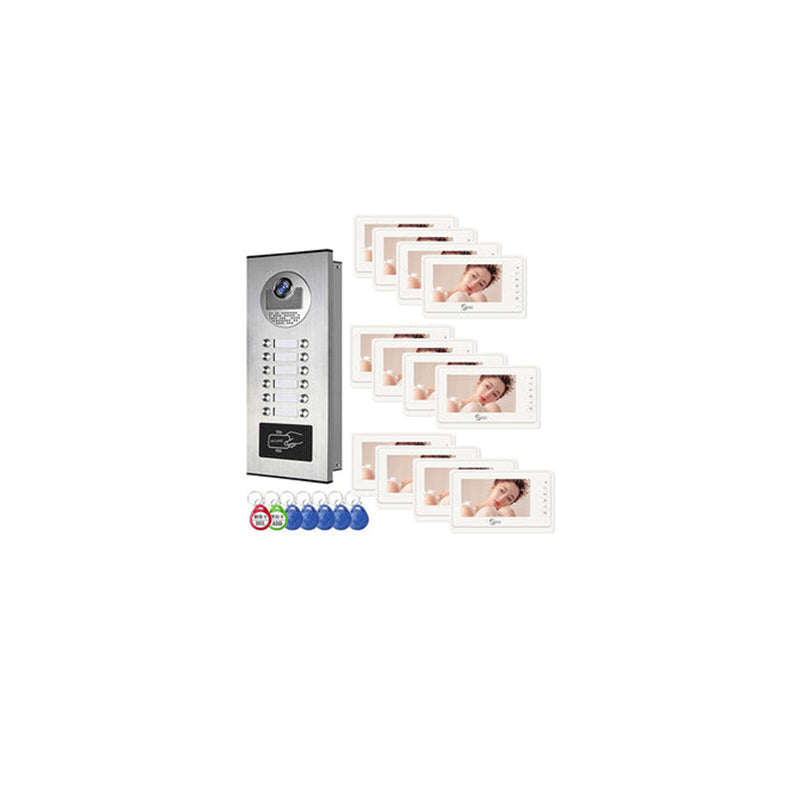 AnjieloSmart 4 Wired Video Intercom System for Apartment, 8 Units 7" Monitor, Indoor Outdoor Video Doorbell, ID Card Unlock, Two-Way Audio, 6 Screens for