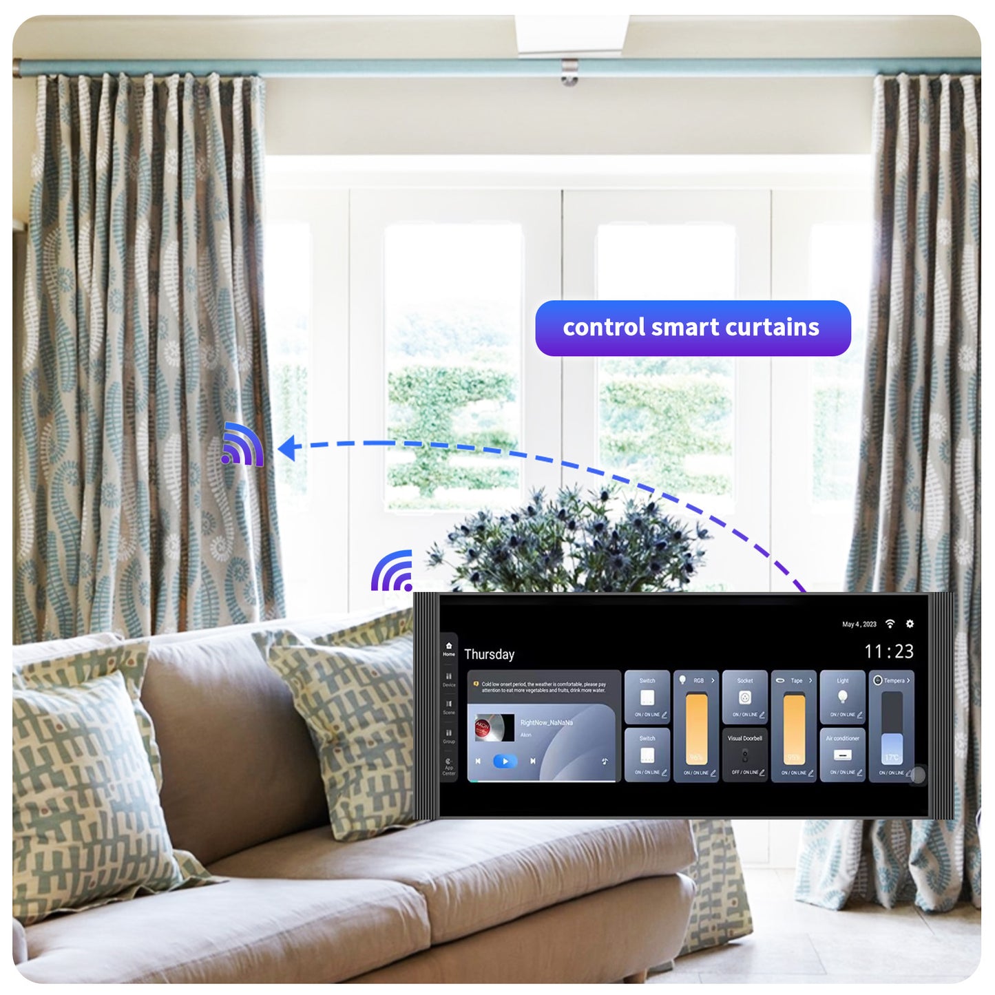 Anjielo 12-inch IPS display with a resolution of 1920*720, a smart home control screen for home scene linkage and remote automatic control by mobile phone.