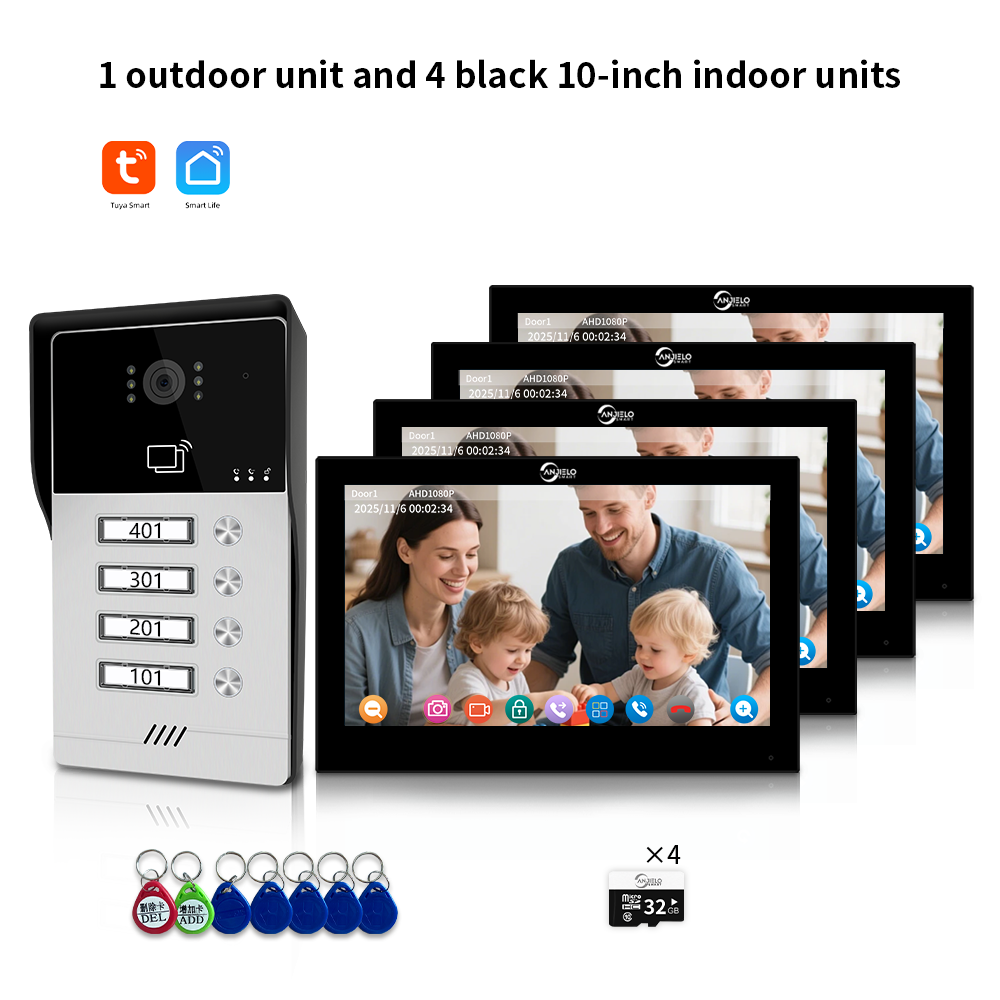 AnjieloSmart Newest Series of 4 Wired Tuya Wifi Video Intercom System Video Doorbell Card Unlock Suport 1/2/3/4 Unit for Apartment.
