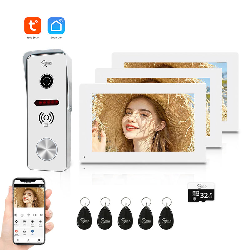 Anjielo Smart 4 Wired Video Doorbell Apartment Intercom 7 inch Touch Monitor 1080P Door Camera TUYA Smart Home Door Phone Kits 3 in 1 Unlock RFID Card for Home Villa,32G