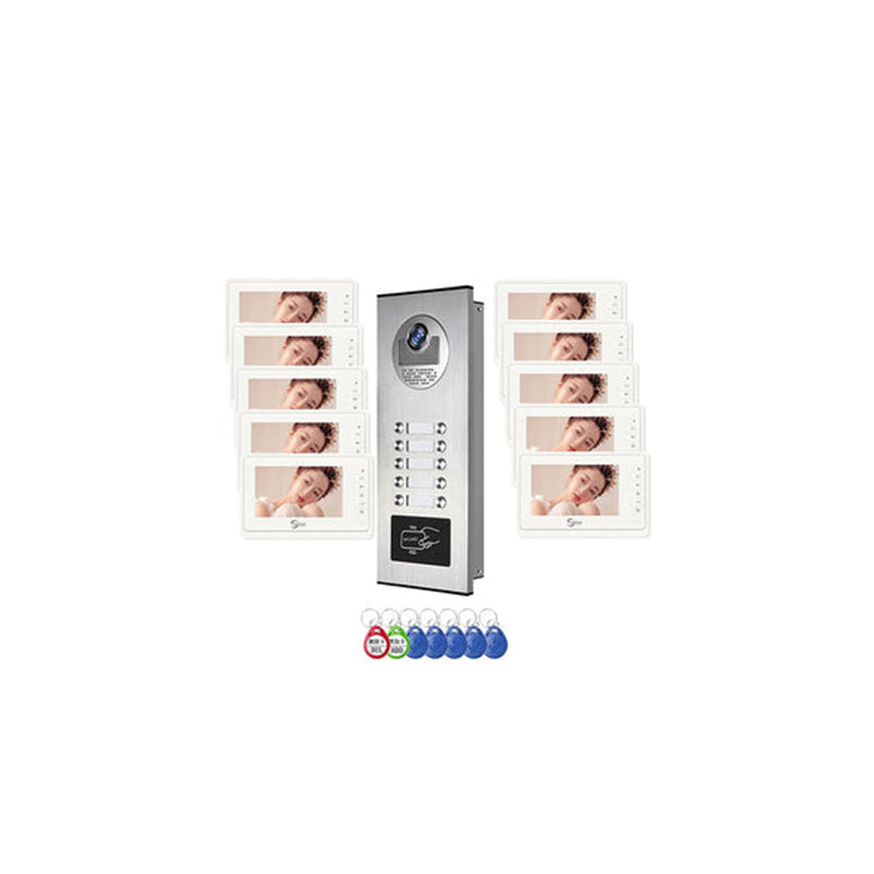 AnjieloSmart 4 Wired Video Intercom System for Apartment, 8 Units 7" Monitor, Indoor Outdoor Video Doorbell, ID Card Unlock, Two-Way Audio, 6 Screens for