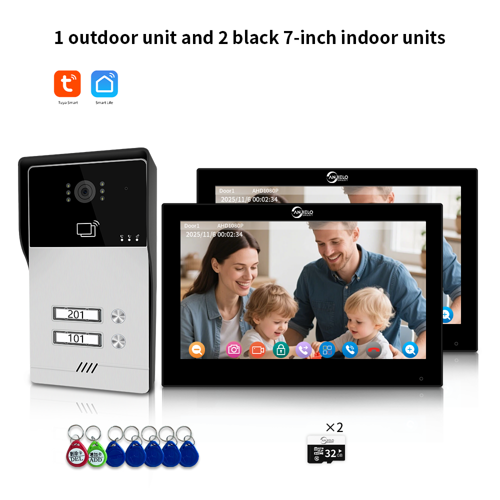 AnjieloSmart Newest Series of 4 Wired Tuya Wifi Video Intercom System Video Doorbell Card Unlock Suport 1/2/3/4 Unit for Apartment.