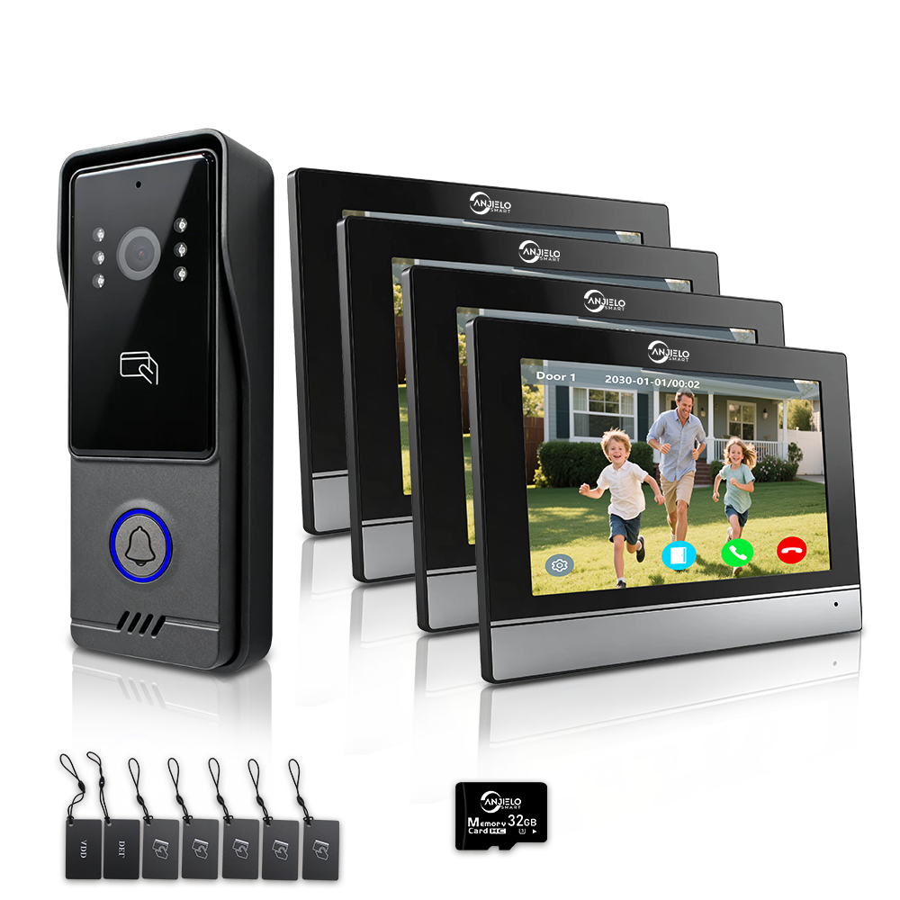 4 Wired Video Doorbell Intercom System Two-way Audio Real Time Monitoring Infrared Night Vision with 1Outdoor + 4 Indoor Units