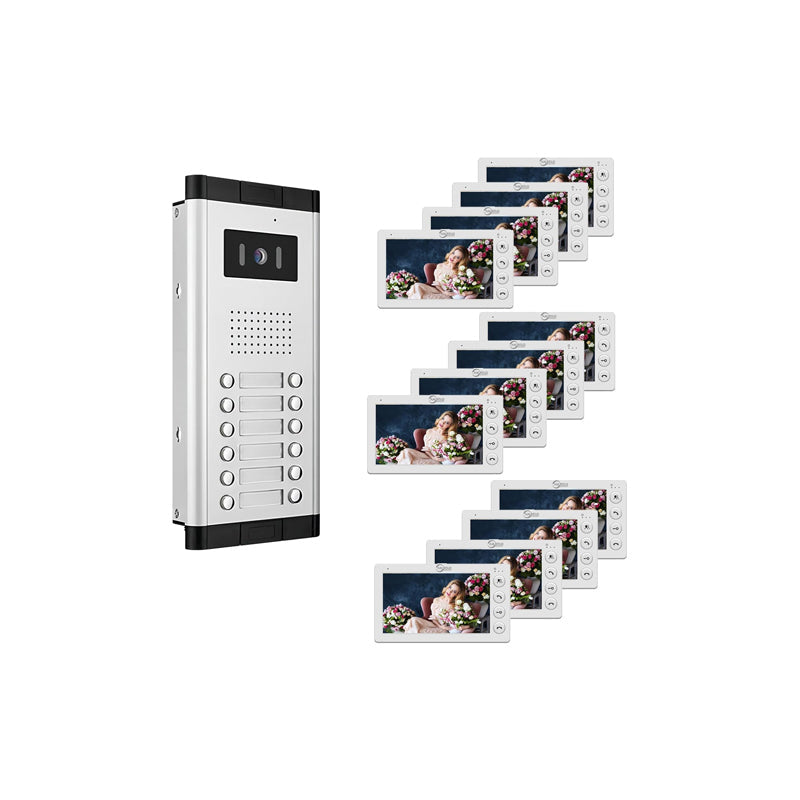 AnjieloSmart 4 Wired Video Intercom 7 Inch Monitor Video Door Intercom for2/3/4/5/6/8/10/12 Multi-Units Video Doorbell for ID Card to Unlock