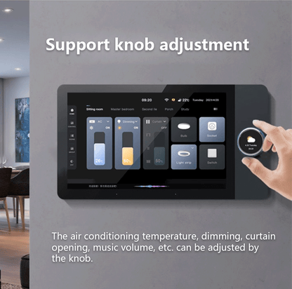Anjielo 8-inch multi-functional central control host with knob control and dual 86 base units for home-wide automatic control.