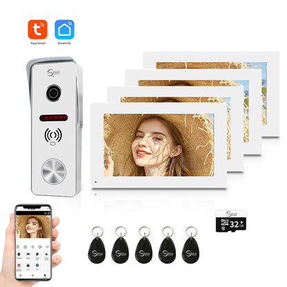 Anjielo Smart 4 Wired Video Doorbell Apartment Intercom 7 inch Touch Monitor 1080P Door Camera TUYA Smart Home Door Phone Kits 3 in 1 Unlock RFID Card for Home Villa,32G