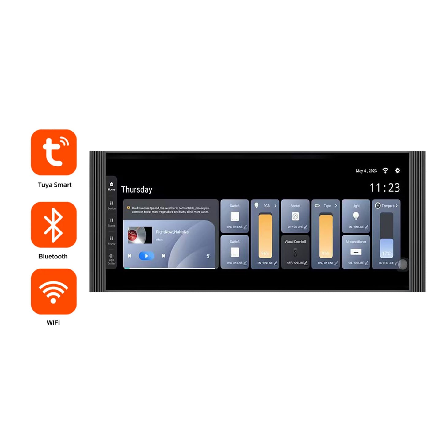 Anjielo 12-inch IPS display with a resolution of 1920*720, a smart home control screen for home scene linkage and remote automatic control by mobile phone.