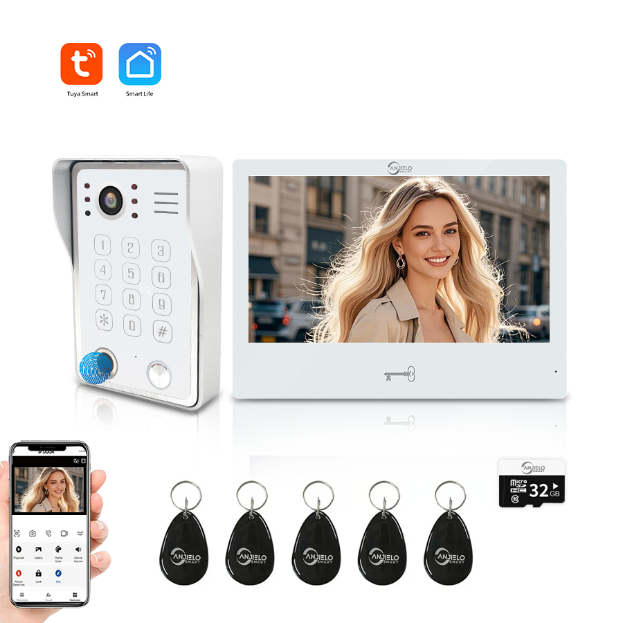 AnjieloSmart WiFi Tuya Video Door Phone Apartment Intercom System Wired Touch Screen Monitor with 1080P HD Doorbell Camera,Supporting 5 in 1 Unlcking,Motion Detecting Tuya for Home Villa