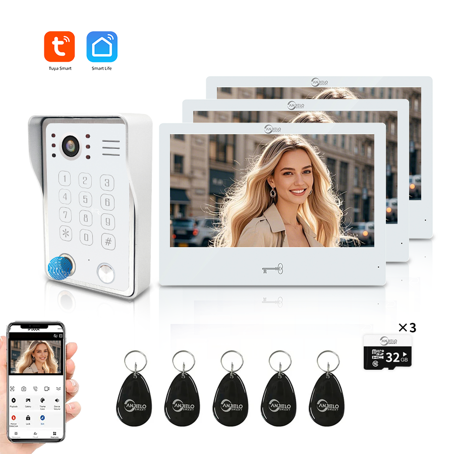AnjieloSmart WiFi Tuya Video Door Phone Apartment Intercom System Wired Touch Screen Monitor with 1080P HD Doorbell Camera,Supporting 5 in 1 Unlcking,Motion Detecting Tuya for Home Villa