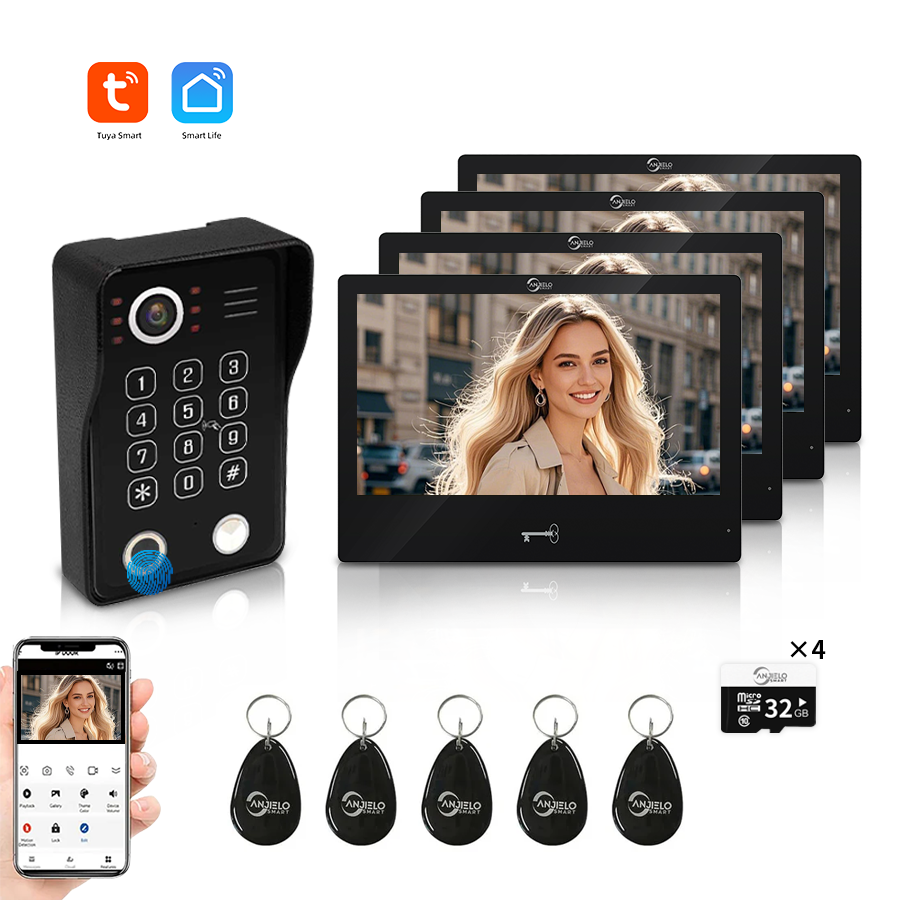 AnjieloSmart WiFi Tuya Video Door Phone Apartment Intercom System Wired Touch Screen Monitor with 1080P HD Doorbell Camera,Supporting 5 in 1 Unlcking,Motion Detecting Tuya for Home Villa