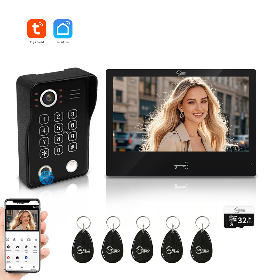 AnjieloSmart WiFi Tuya Video Door Phone Apartment Intercom System Wired Touch Screen Monitor with 1080P HD Doorbell Camera,Supporting 5 in 1 Unlcking,Motion Detecting Tuya for Home Villa