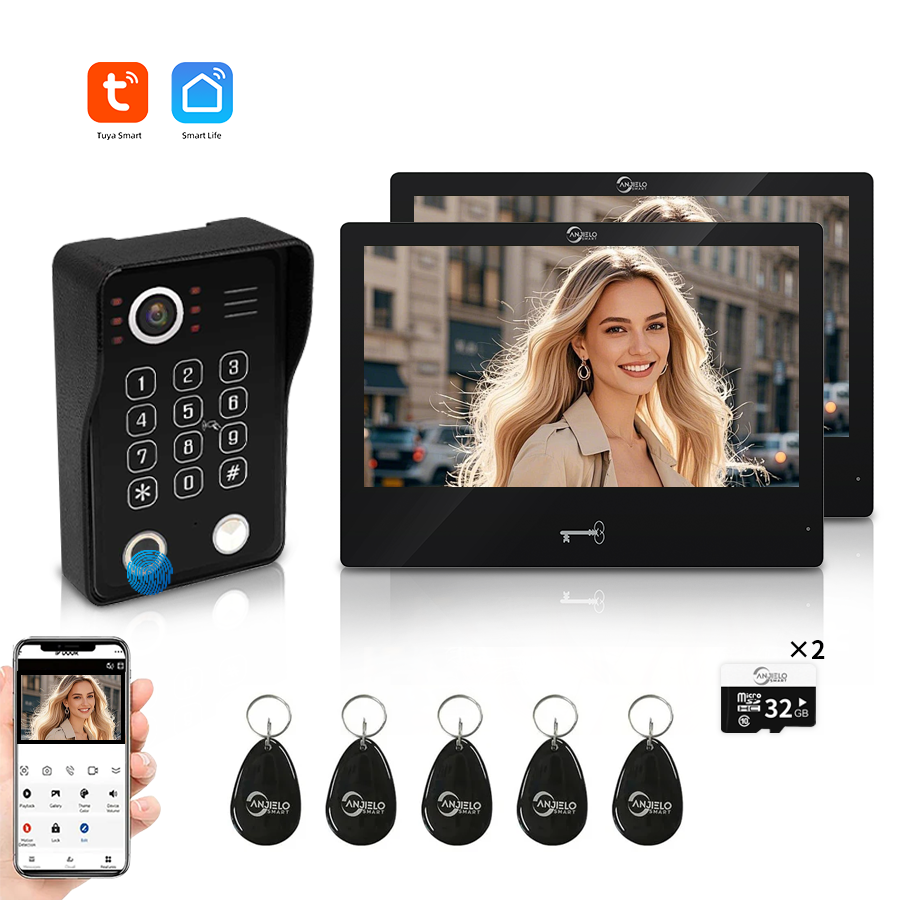 AnjieloSmart WiFi Tuya Video Door Phone Apartment Intercom System Wired Touch Screen Monitor with 1080P HD Doorbell Camera,Supporting 5 in 1 Unlcking,Motion Detecting Tuya for Home Villa