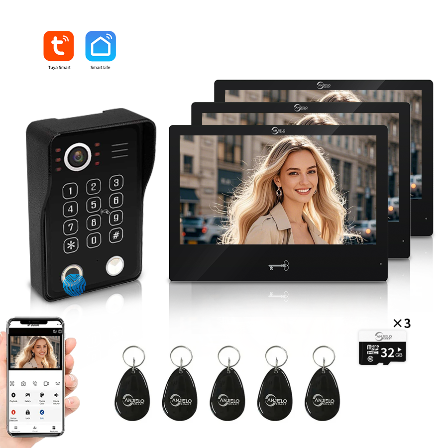 AnjieloSmart WiFi Tuya Video Door Phone Apartment Intercom System Wired Touch Screen Monitor with 1080P HD Doorbell Camera,Supporting 5 in 1 Unlcking,Motion Detecting Tuya for Home Villa