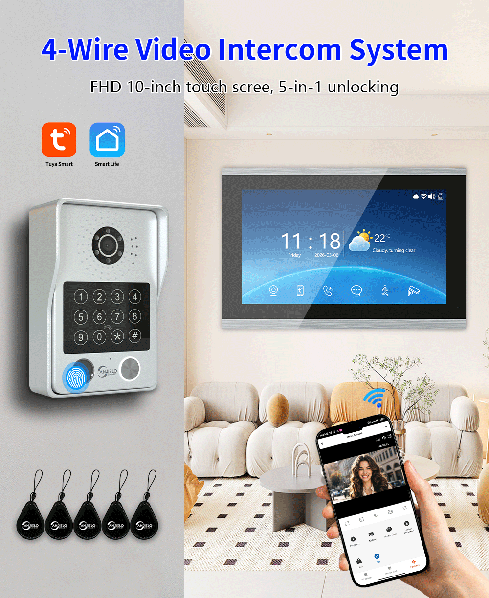 Anjielo Latest 4 wire Video Intercom System Video Doorbell Photo Frame 5 in 1 unlocking MotionDetection with Infrared Night Vision Intercom System for Apartment Home Villa