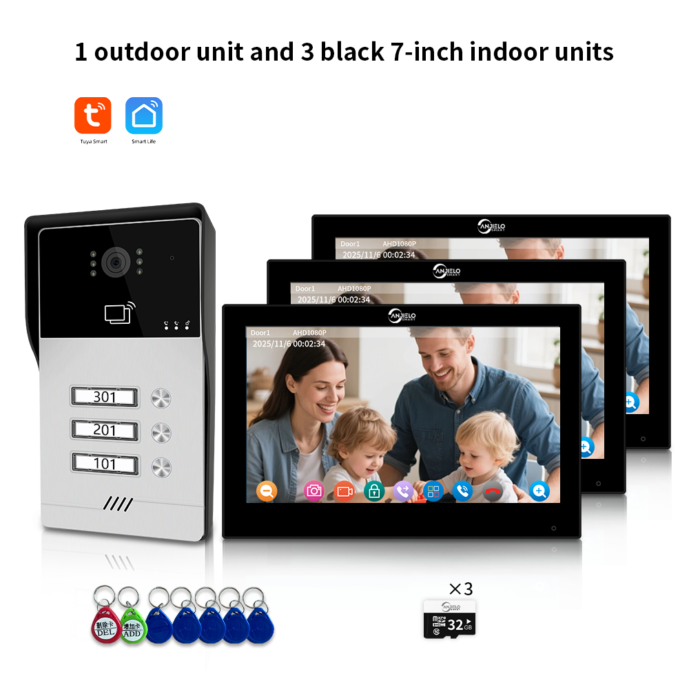 AnjieloSmart Newest Series of 4 Wired Tuya Wifi Video Intercom System Video Doorbell Card Unlock Suport 1/2/3/4 Unit for Apartment.