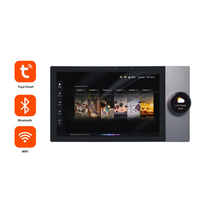 Anjielo 10-inch high-definition multi-functional central controller host with built-in knobs, wall-mounted and concealed installation structure, and remote app control capability.