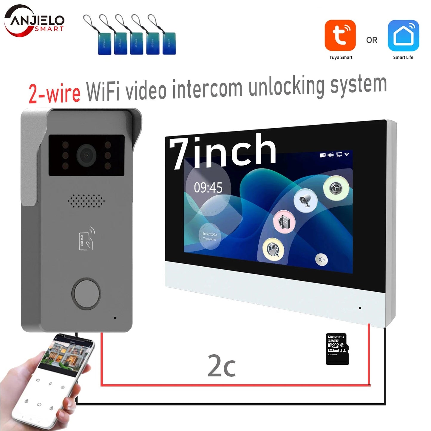 ANJIELO Tuya Wireless Wifi Video Intercom 1080P Video Doorphone 7" Color Touch Screen Doorbell Two-wire Video Intercom System