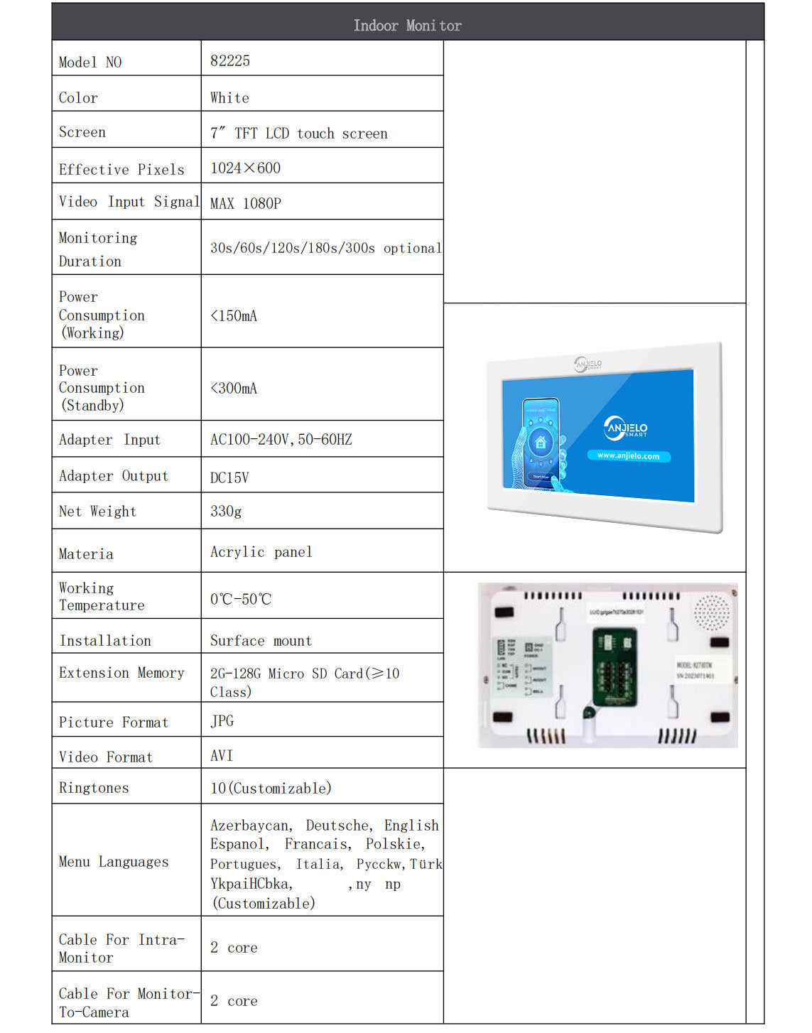 Anjielo 2 wire Video Video Intercom Doorbell 1080P Tuya 7 Inch Touch Monitor Support Dahua and Hikvision and IP Camera