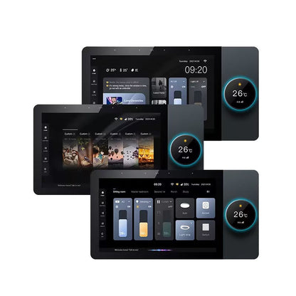 Anjielo 10-inch high-definition multi-functional central controller host with built-in knobs, wall-mounted and concealed installation structure, and remote app control capability.