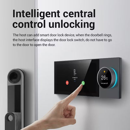Anjielo 10-inch high-definition multi-functional central controller host with built-in knobs, wall-mounted and concealed installation structure, and remote app control capability.